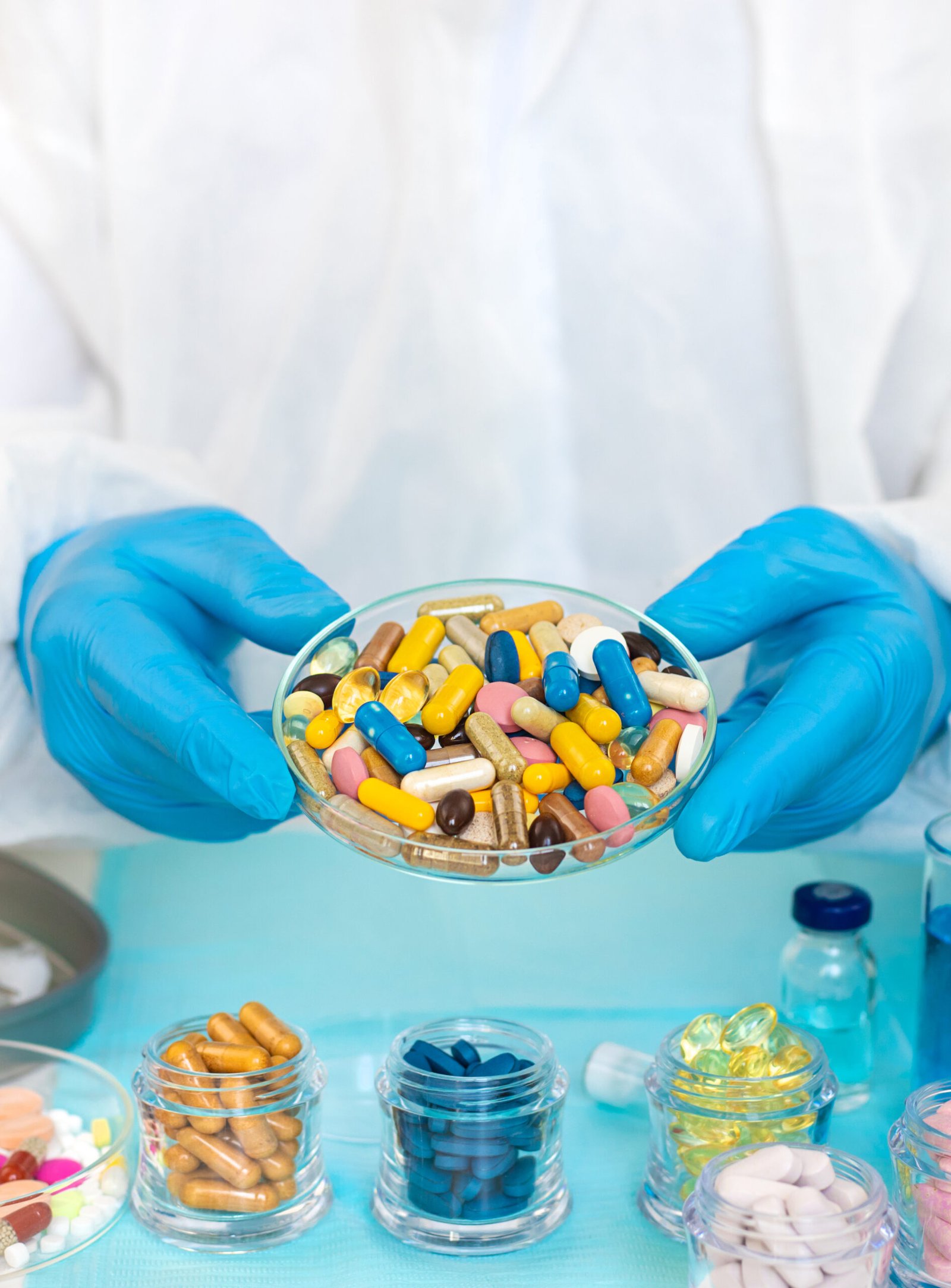 examine drugs in the laboratory. Selective focus. pills.