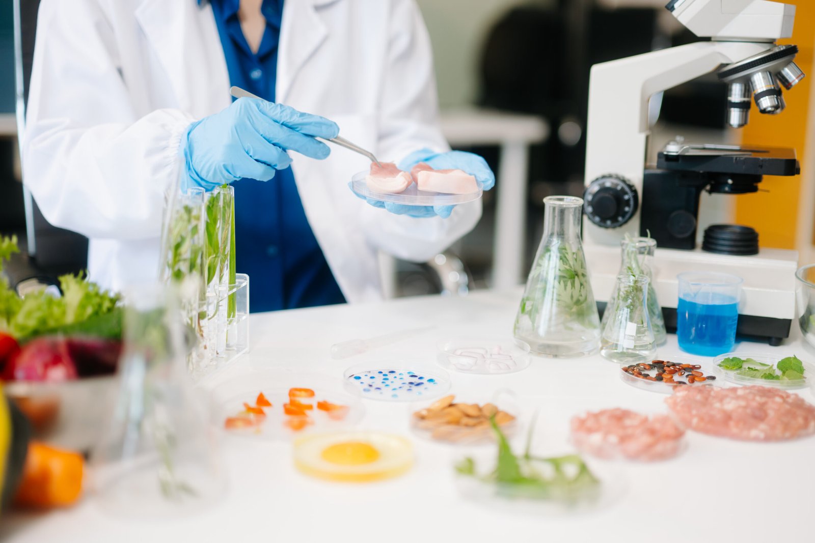 Food science as lab scientists test and analyze vegetables for safety and quality using advanced technology and precise equipment. in lap