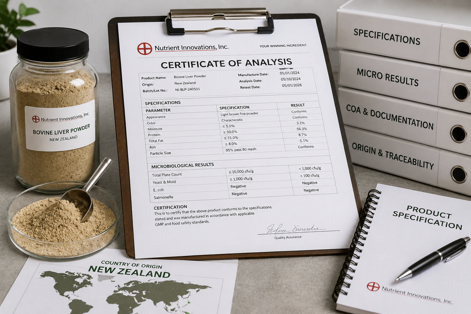 Certificate of Analysis, specification
sheet, and powder sample documentation