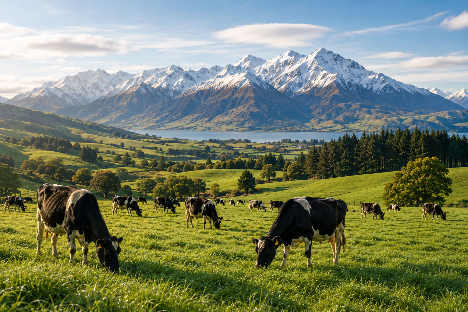 New Zealand pasture with
grazing cows and snow-capped mountains