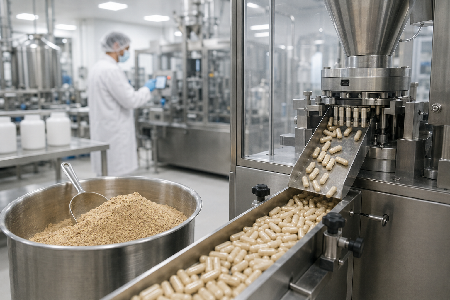 Clean nutraceutical capsule
manufacturing equipment and powder handling