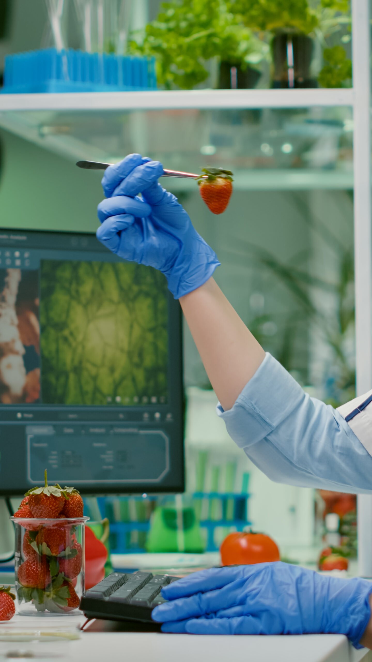 Scientist chemist checking strawberry using medical tweezers Scientist chemist checking strawberry using medical tweezers working in biotechnology laboratory. Biochemist examining organic fruits typing medical expertise information on computer